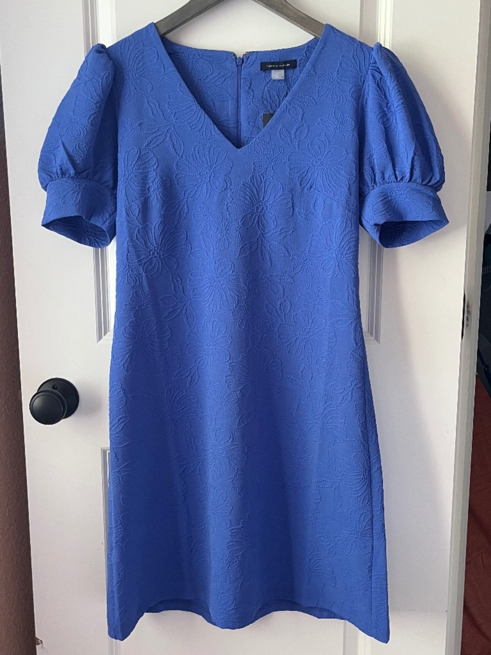 NWT Tommy Hilfiger Blue Puff Sleeve V Neck Shift Dress Textured Floral 4